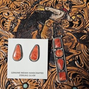 Sterling Silver Red Spiny Bar Necklace & Earrings Set